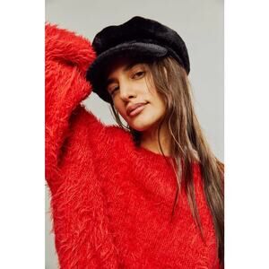 NEW Free People Bardot Fuzzy Slouch Lieutenant Black Cap Hat One Size
